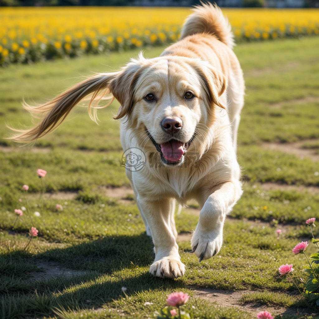 花海中欢快奔跑的金毛犬照片
