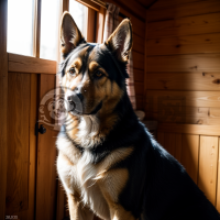 《守望者：乡村小屋入口的巨型德国牧羊犬》