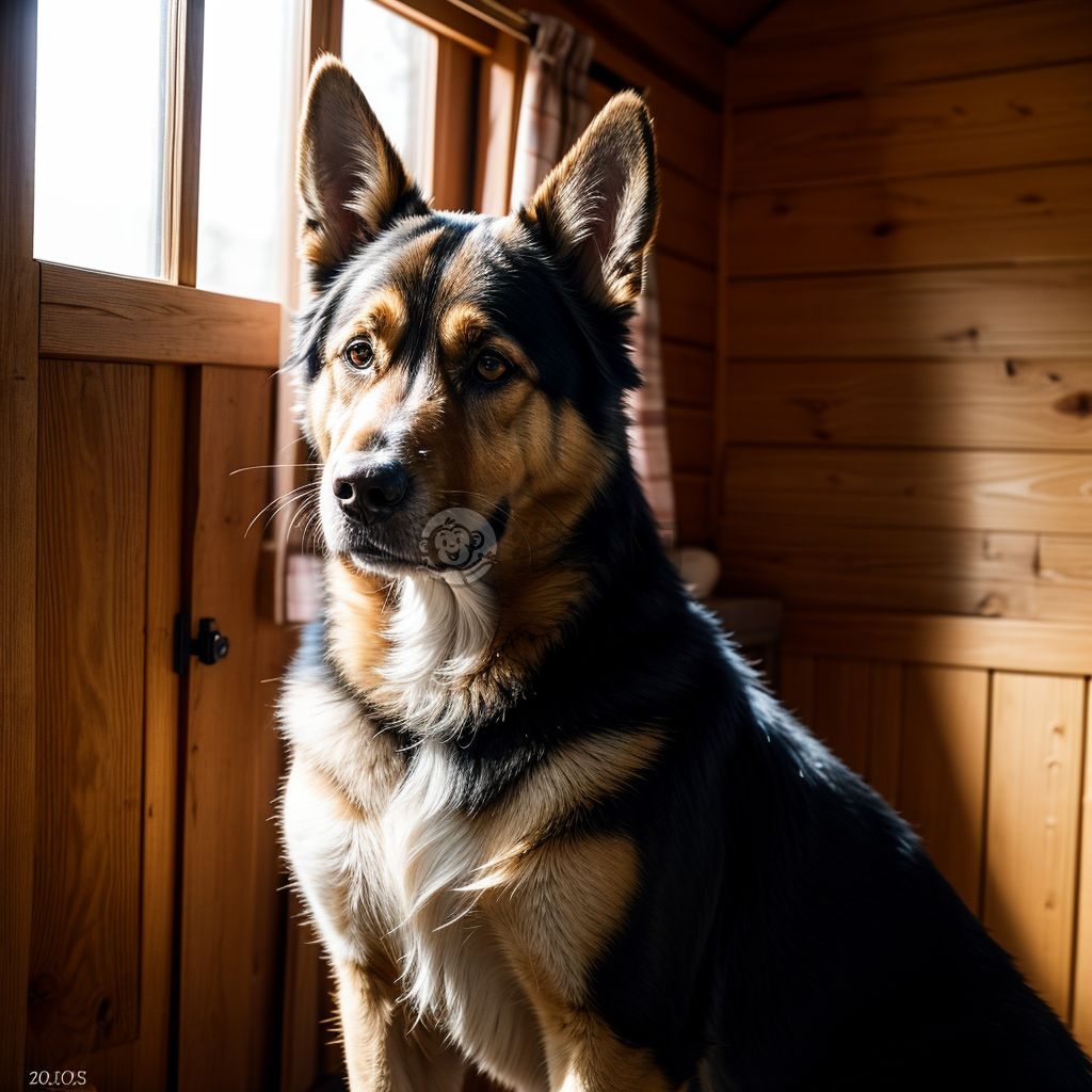 《守望者：乡村小屋入口的巨型德国牧羊犬》