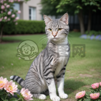 花园中的灰色虎斑猫与花海的合影
