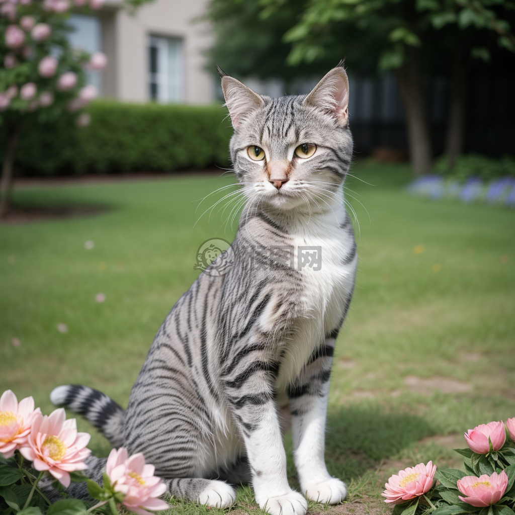 花园中的灰色虎斑猫与花海的合影