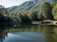 宁静山湖木桥摄影作品