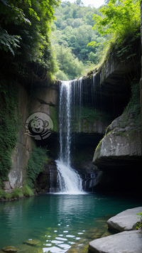瀑布水景细节照：青山绿植，水晶池落瀑。