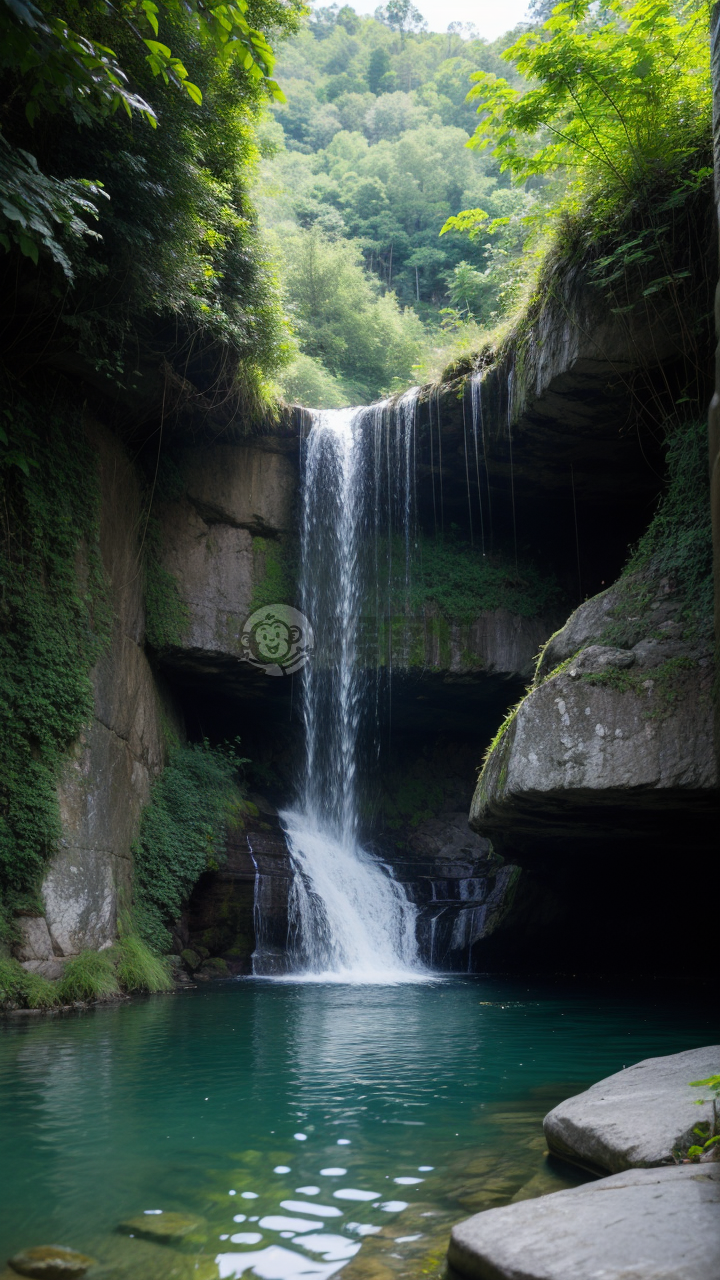 瀑布水景细节照：青山绿植，水晶池落瀑。
