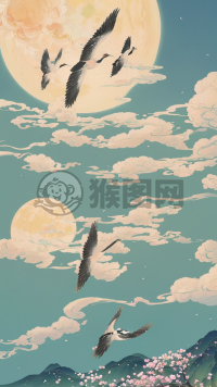 空中飞翔的两只喜鹊和鲜花背景下的名家名作《应运之材》