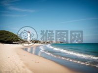 海滨宁静之景：金色沙滩与海浪轻抚岸边的细腻之美