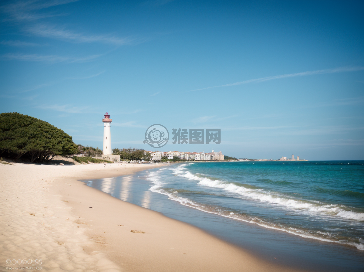 海滨宁静之景：金色沙滩与海浪轻抚岸边的细腻之美