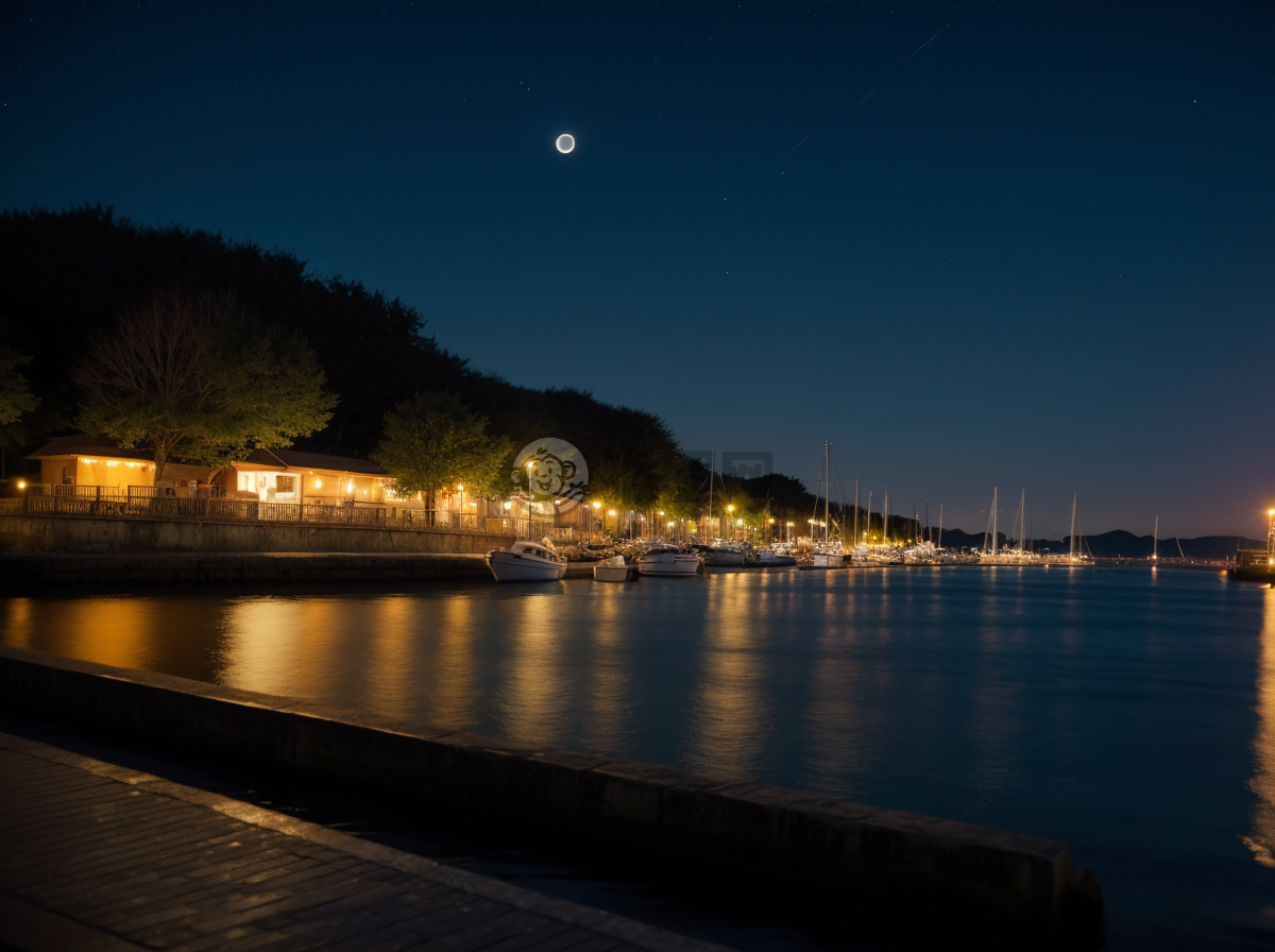 静谧海岸夜色深沉，星光熠熠海面澄。