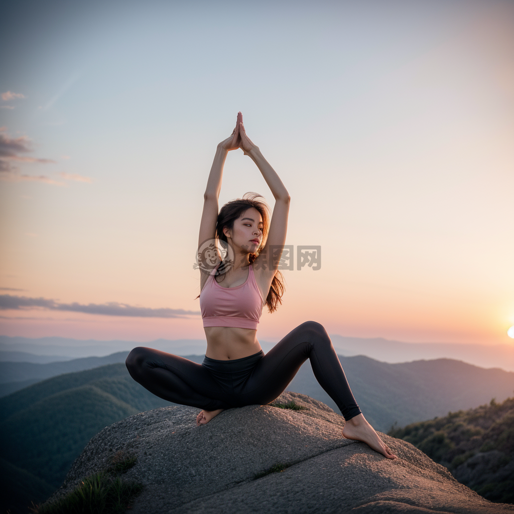 瑜伽山巅晨练，橙红渐醒，神韵犹存。