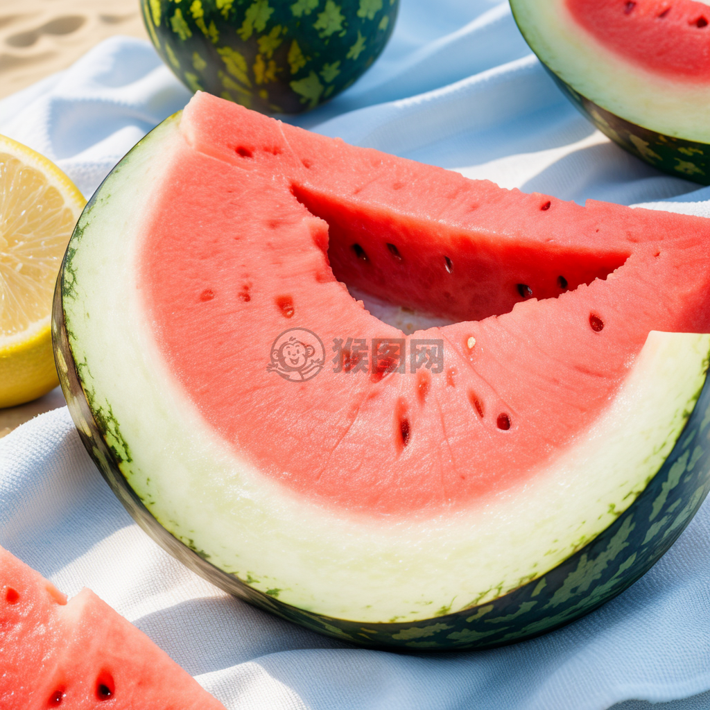 海滩儿童啃西瓜：夏日海滩惬意时刻