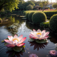 日出荷花池畔：金色阳光洒满粉白花瓣