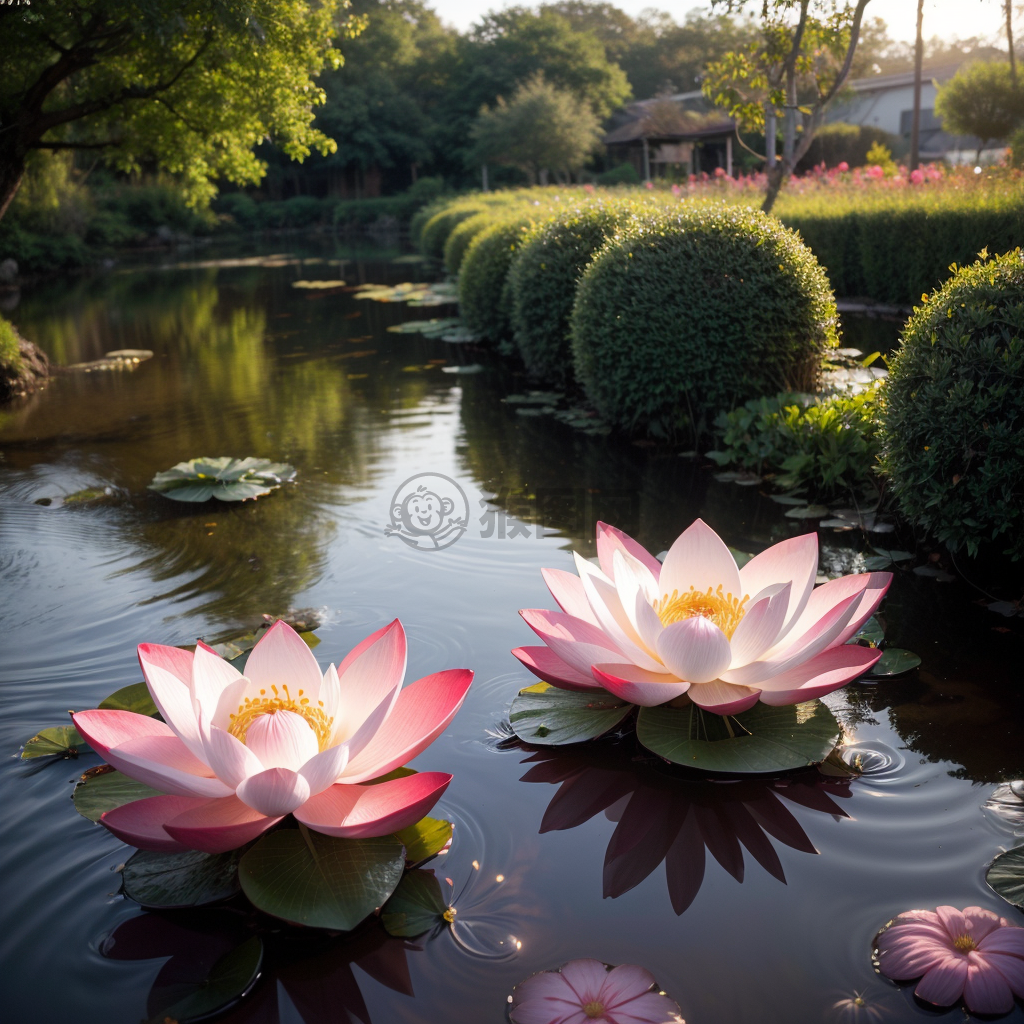 日出荷花池畔：金色阳光洒满粉白花瓣