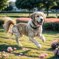 《花海中欢快奔跑的金毛犬》
