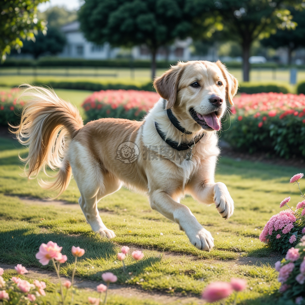 《花海中欢快奔跑的金毛犬》