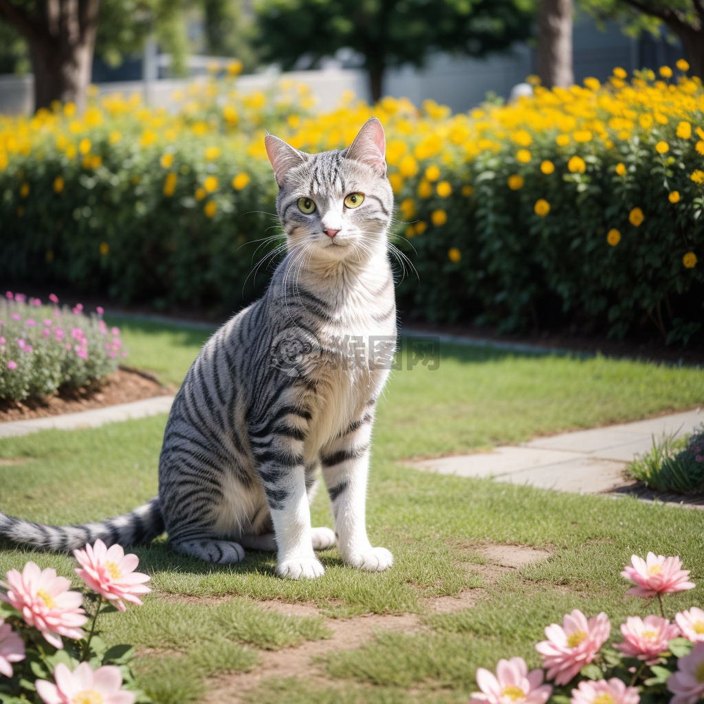 花园中优雅灰猫的特写镜头