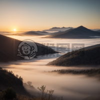 晨雾缭绕的山脉，朝阳洒落金色光辉