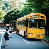 新学期第一天 学校巴士送学生上学现场照