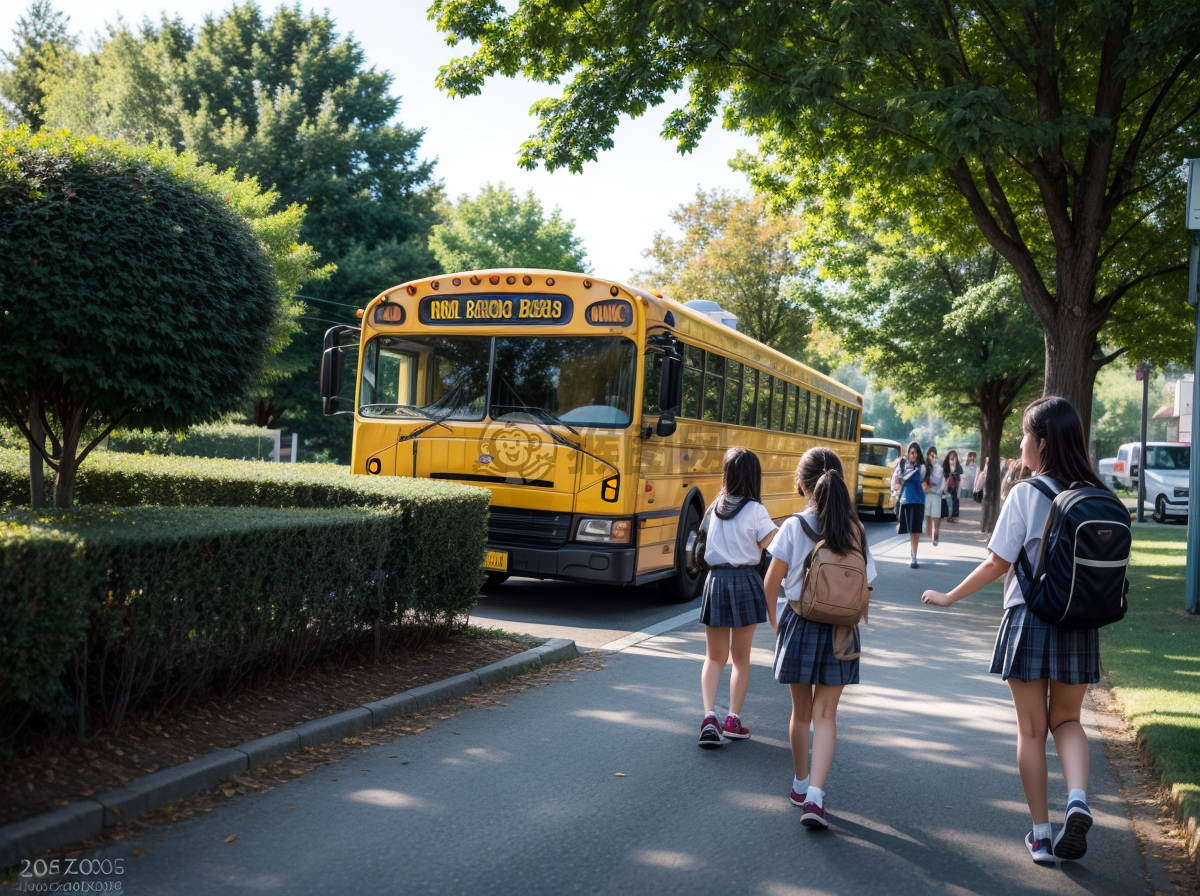 新学期第一天 学校巴士送学生上学，学生们兴奋下车的情景