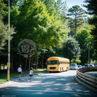 新学期首日学校巴士接送学生上学，孩子们兴奋地走下校车，背景有树木和操场，晨光微露，照片清晰，细节丰富，呈现出逼真的自然光线效果。