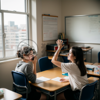 新学期开学第一天，学生们热情举手，阳光透过窗户洒满教室。