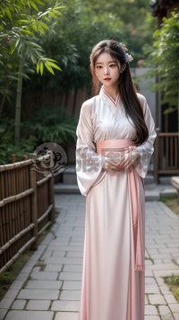 《淡粉汉服女子传统庭院》