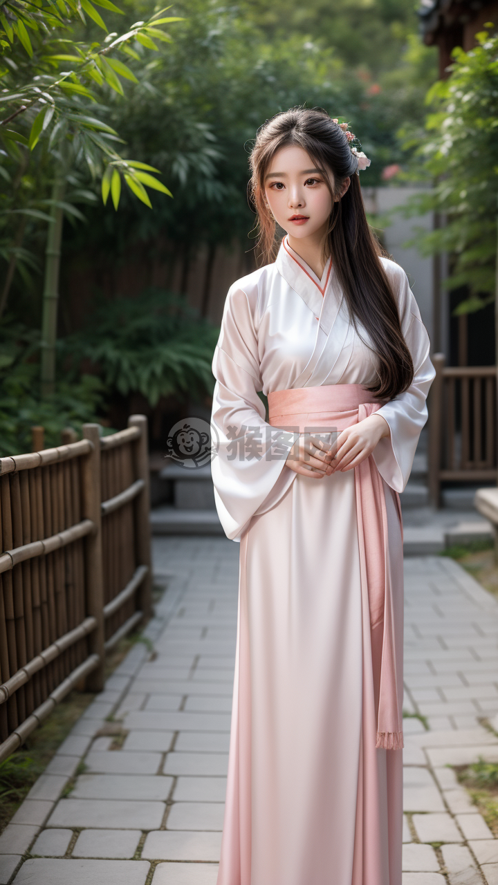 《淡粉汉服女子传统庭院》