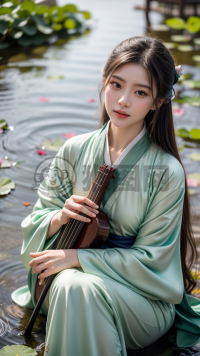 《绿衫古琴女，莲池映倩影》