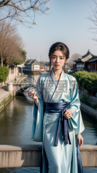江南水乡，蓝汉服女子桥上观景