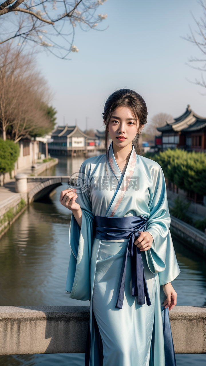 江南水乡，蓝汉服女子桥上观景