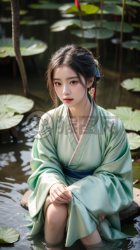 “水畔绿衣琴韵 古风写真尽显细节”