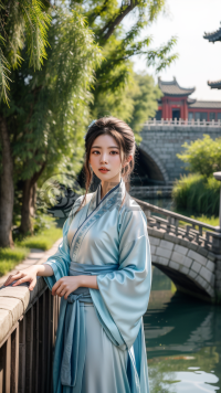 江南水乡，蓝汉服女子桥上赏景