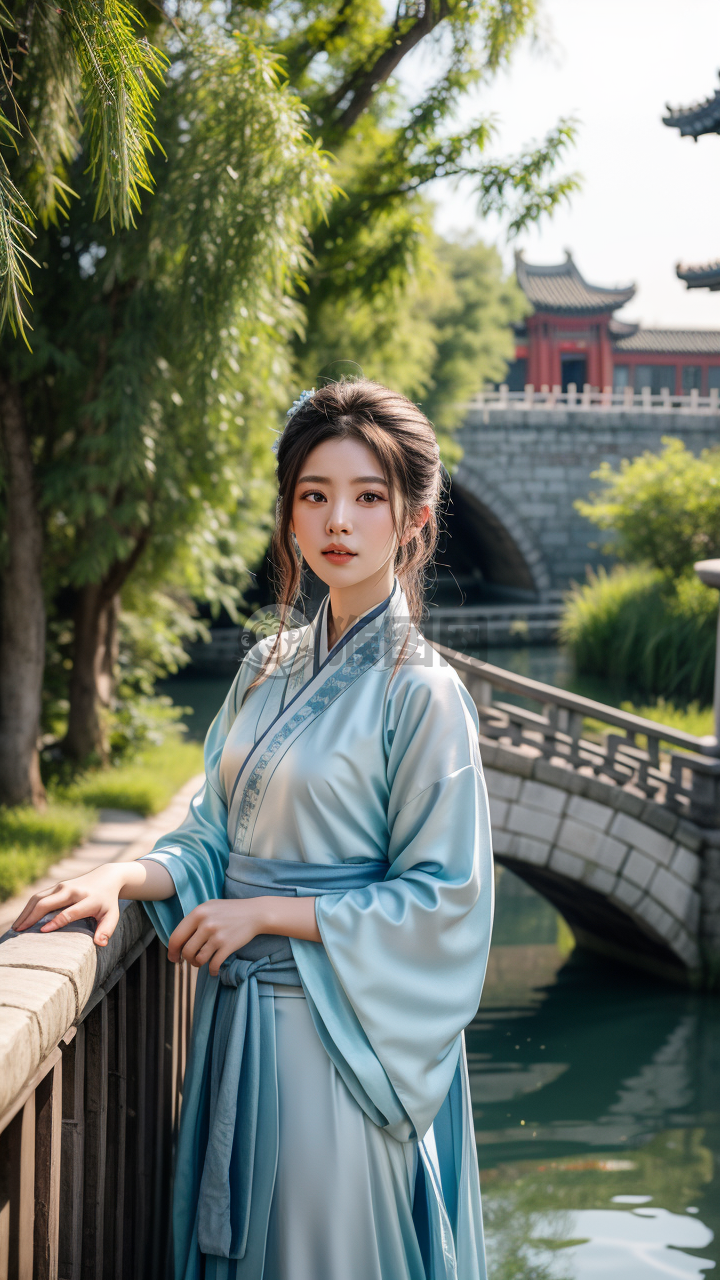 江南水乡，蓝汉服女子桥上赏景
