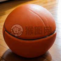 《硬木球场上的橙色篮球特写》