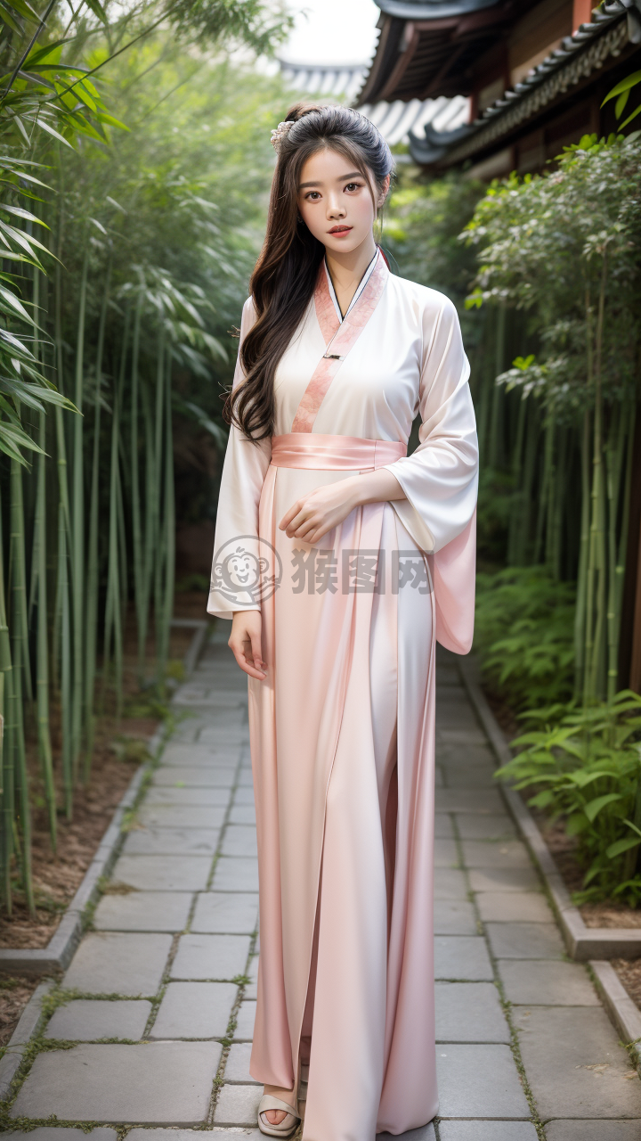 《穿越古巷的粉色汉服少女》