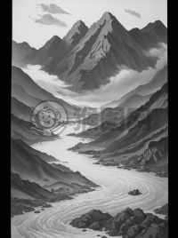中国传统山水画《雾山云径》