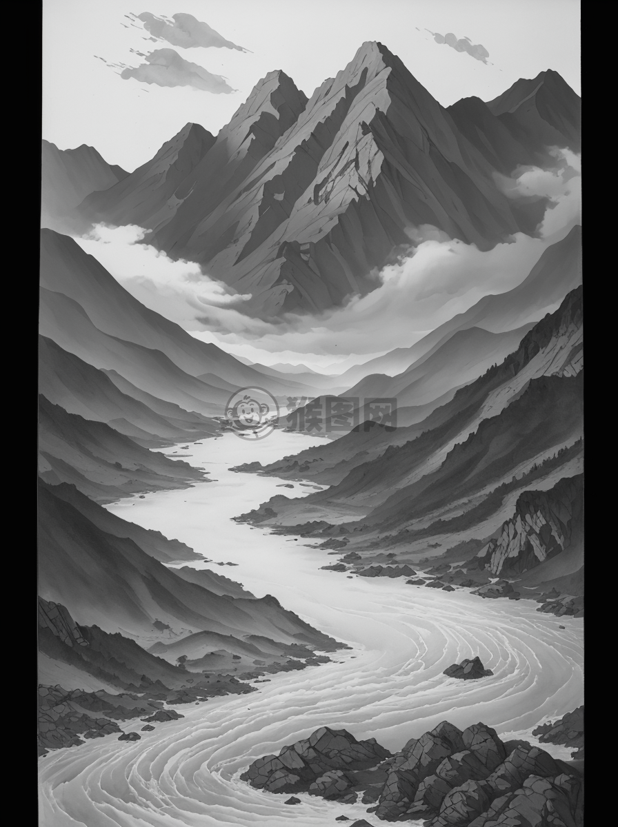 中国传统山水画《雾山云径》