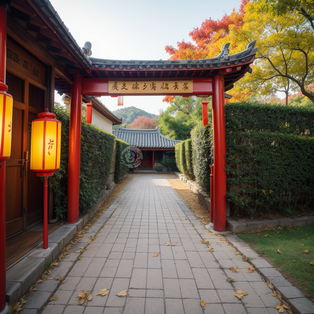 秋日古巷：黄叶落满地，红灯笼挂檐