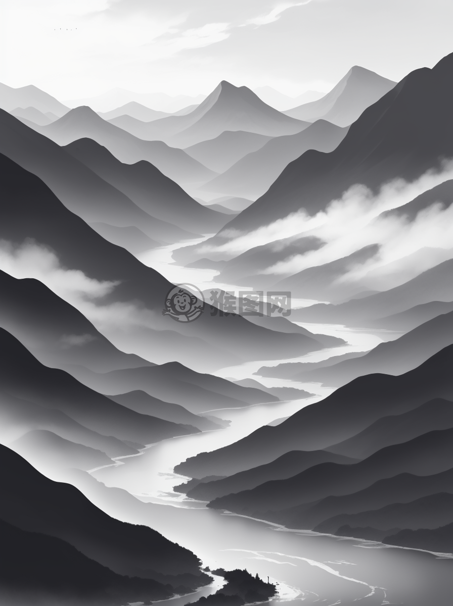 山雾萦绕，水流潺潺的古老画卷