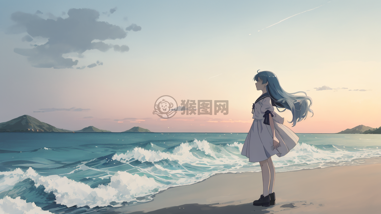 海边的长发动漫女孩，望海沉思