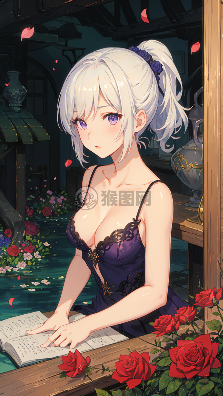 标题可以是“紫眸白发少女身披花瓣裙，置身玫瑰花海之中”。