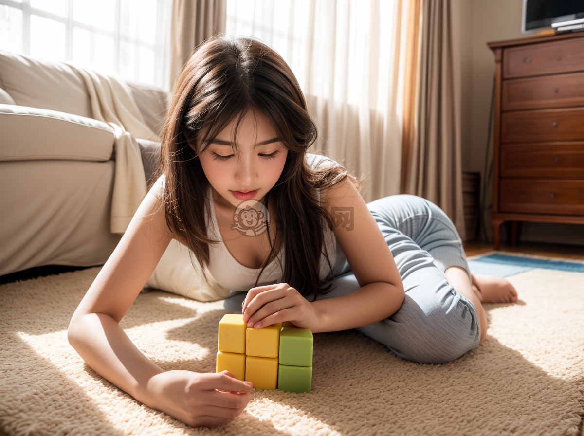 《父女居室玩积木，相映成趣》