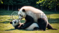 阳光下的熊猫玩耍嬉戏的田园画卷