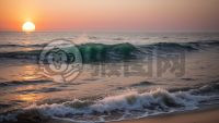 夕阳下海面绽放的暖色光华