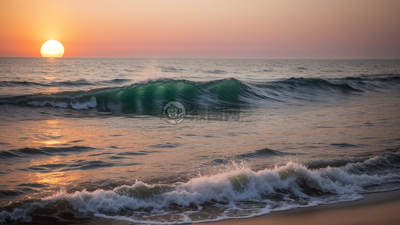 夕阳下海面绽放的暖色光华
