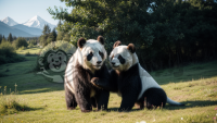 阳光下的熊猫双胞胎戏耍在野花丛中