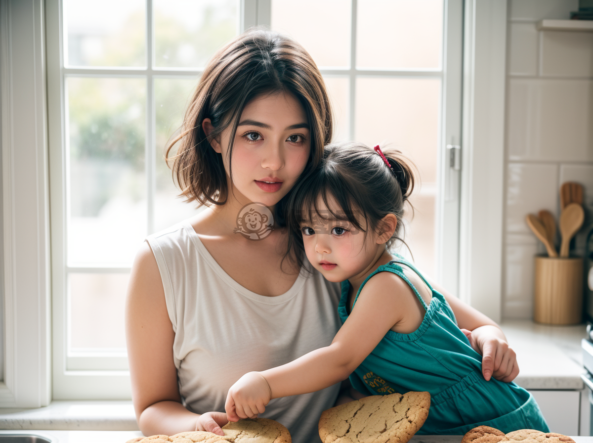 现代厨房里的温馨母子烘焙时光