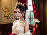 《华美中式婚礼照：黑发红冠新娘》