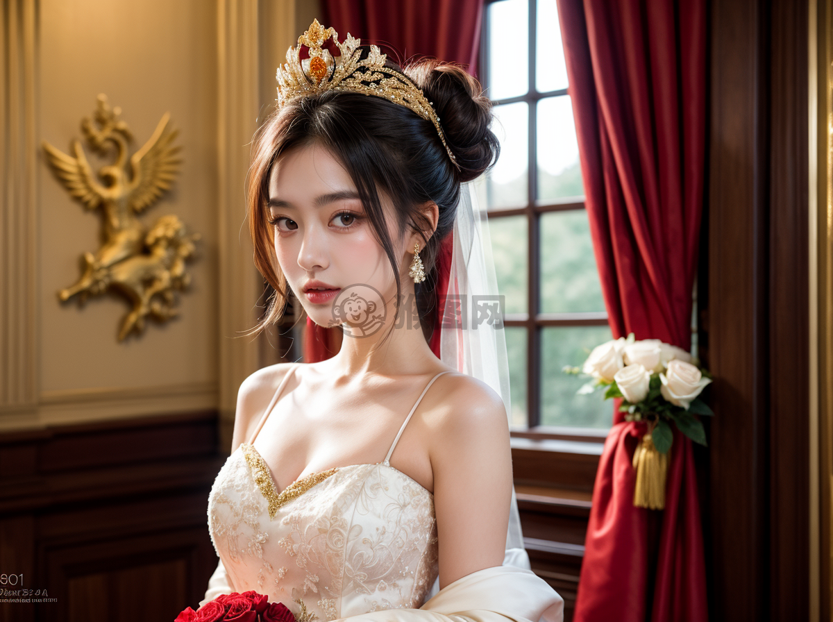 《华美中式婚礼照：黑发红冠新娘》