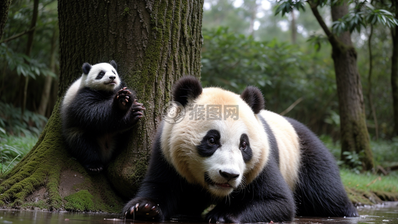 迷雾中的顽皮熊猫幼仔探险树梢照