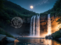 月光下瀑布的宁静之夜
